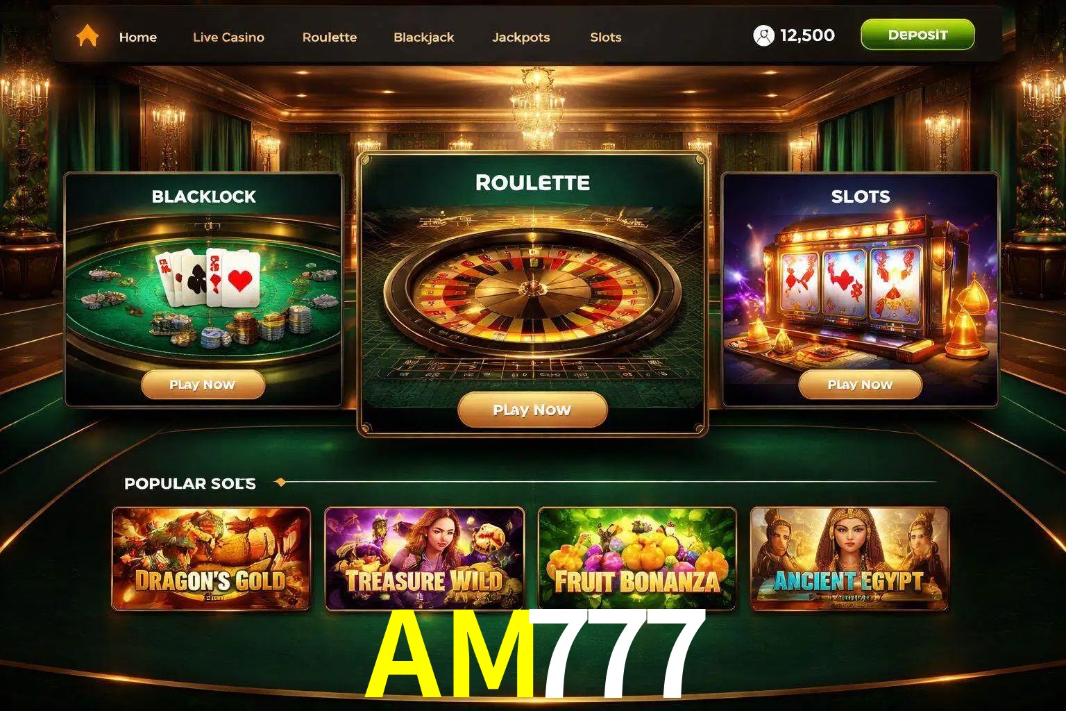 Vista de la plataforma AM777 Casino mostrando categorías organizadas de juegos en línea